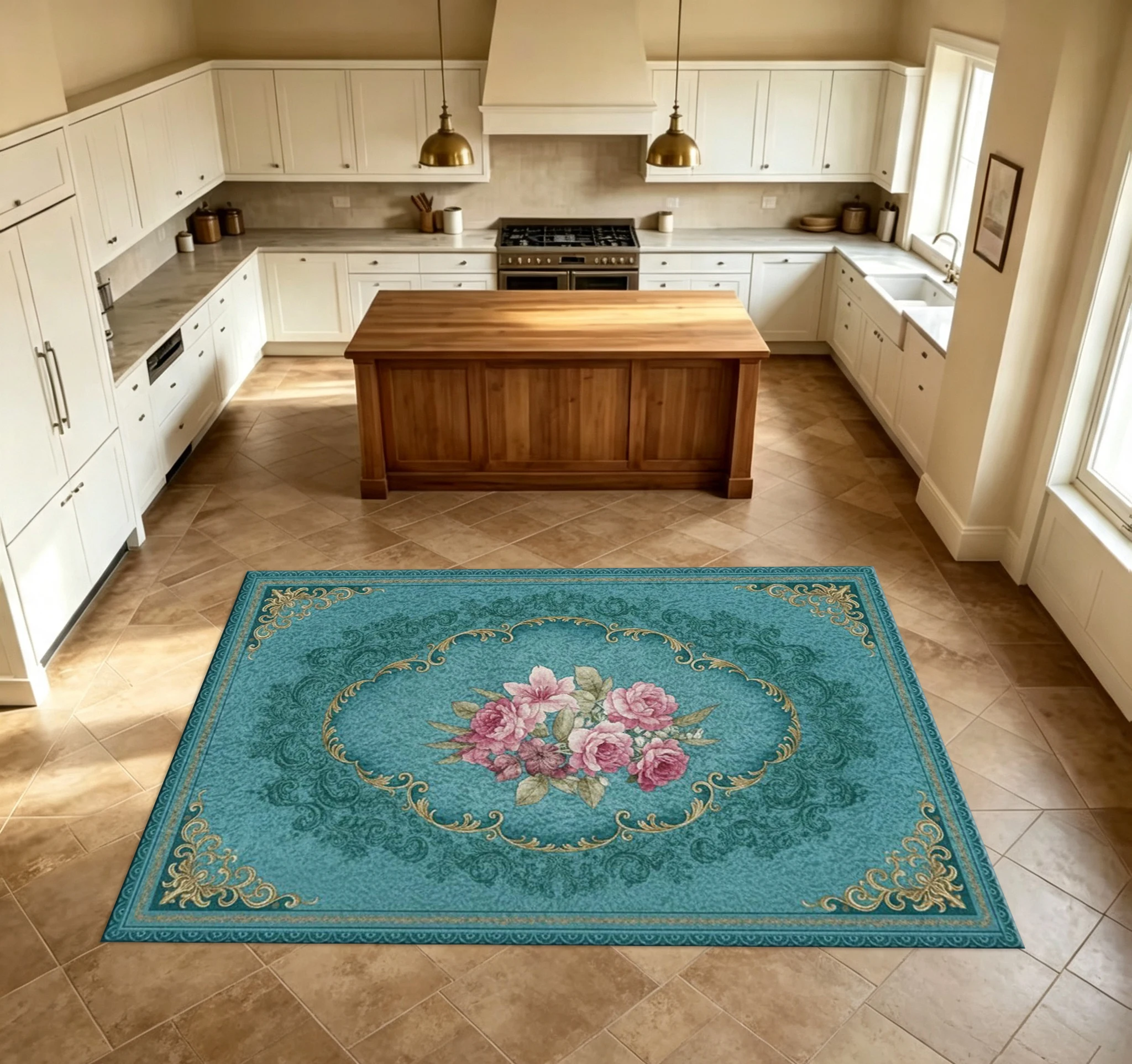 Luxury European Rose Floral Area Rug Vintage Ornate Gold Border Floor Carpet for Living Room Bedroom Home Decor