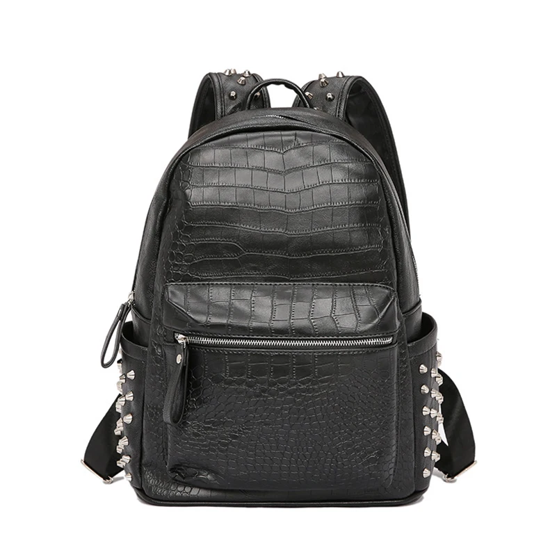 Backpack PU Leather Black Crocodile Pattern Fashion Computer Bolt Duffle Bag