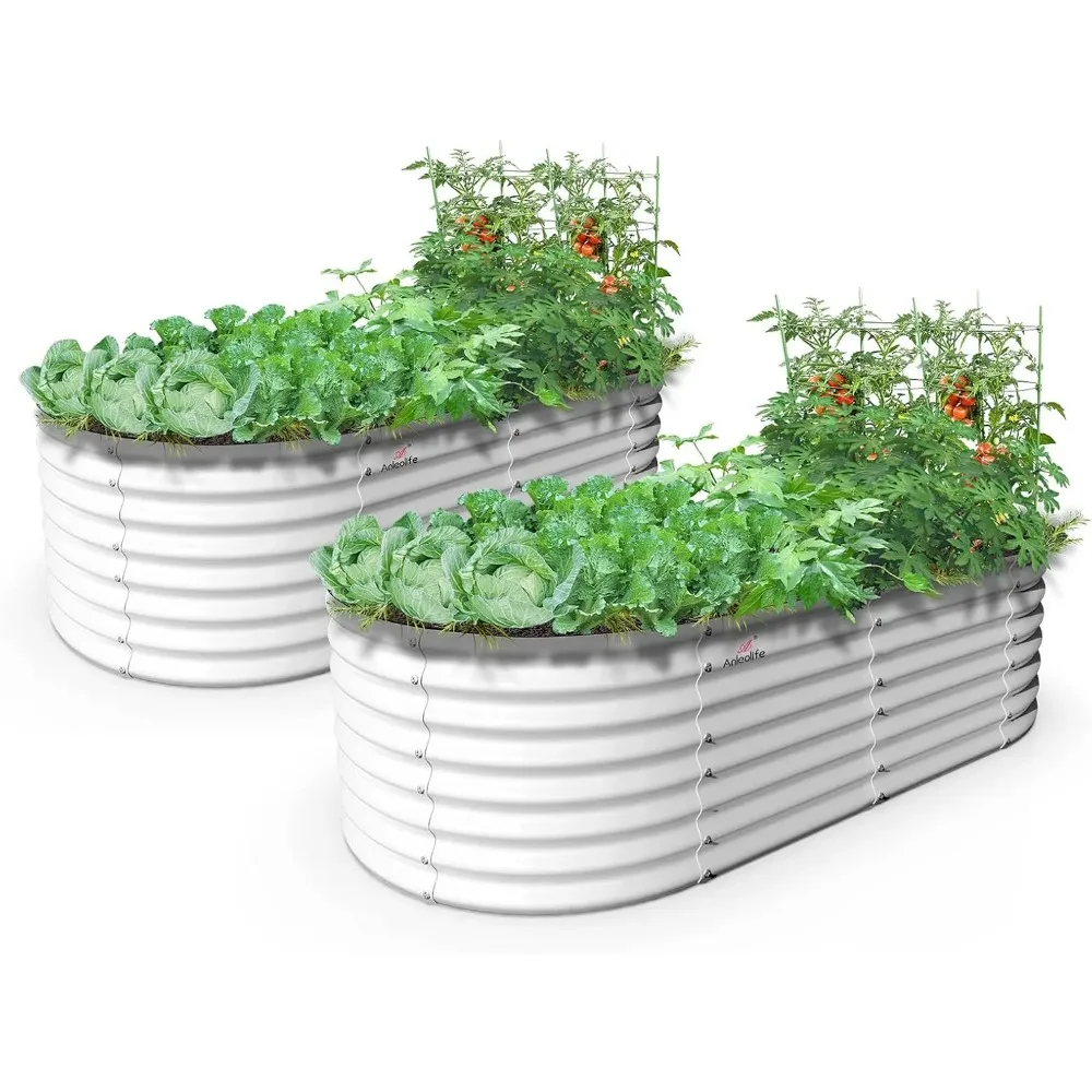 

2 Pcs 6X3X2 ft Oval Large Galvanized Raised Garden Beds Outdoor for Planting Vegetables Flowers Herb, Antique White