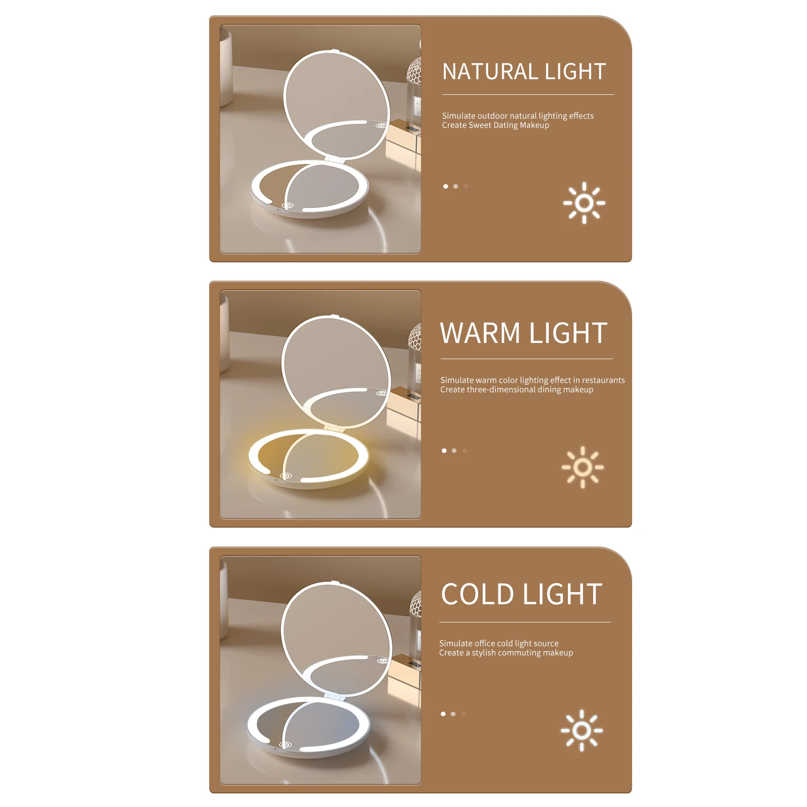 مرآة مكياج LED قابلة للتعتيم بثلاثة ألوان محمولة باليد مع شاشة تعمل باللمس على الوجهين قابلة للطي لمستحضرات التجميل - مرآة مكياج قابلة لإعادة الشحن للسفر