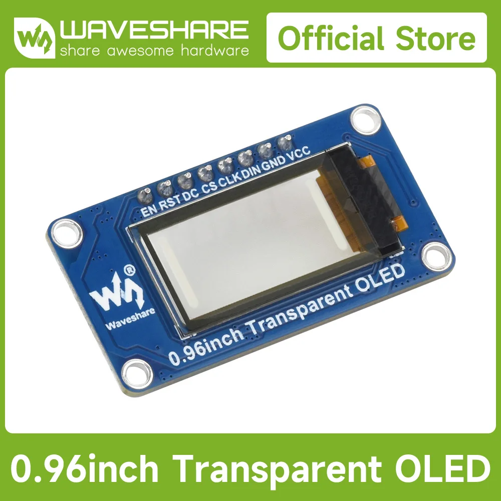 Waveshare 0.96inch Transparent OLED Display Module, 128 × 64 Resolution, SPI/I2C Interface, SSD1312 Driver IC