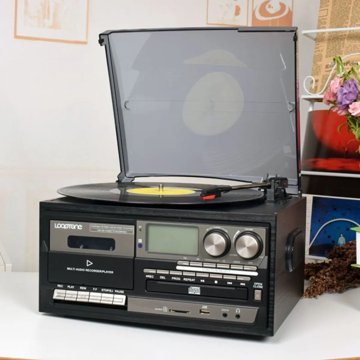 For 18CD Retro Record Player, 4-in-1 Turntable with CD/USB/Bluetooth, LP to MP3 Converter for Home Decor