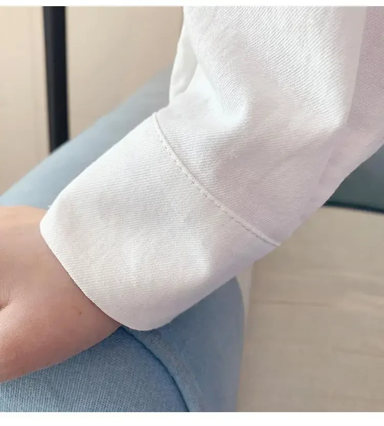 قميص أبيض طويل الأكمام للفتيات المراهقات ، مصنوع من القطن ، مع ياقة ، بلون واحد ، لأطفال المدارس