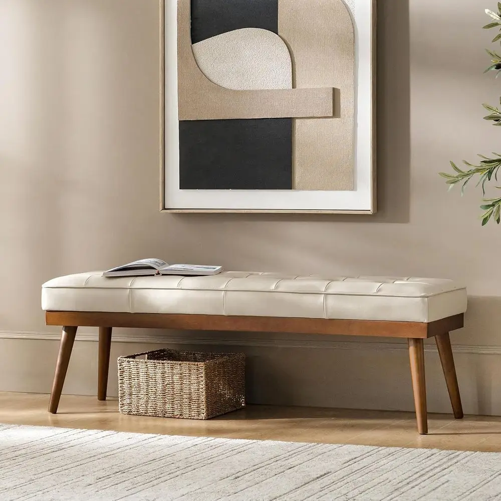 

55.5 Premium Leather Upholstered Bench with Solid Wood Legs, Ideal for Entryway, Bedroom, or End of Bed, Beige