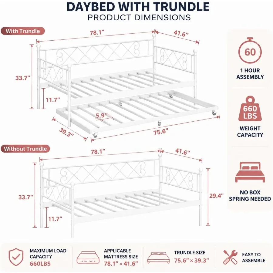 Daybed with Trundle, Heart‑Shaped Daybed with Trundle, Sturdy Metal Sofa Bed, Heavy-Duty Metal Bed Frame Support, for Living Ro view 2