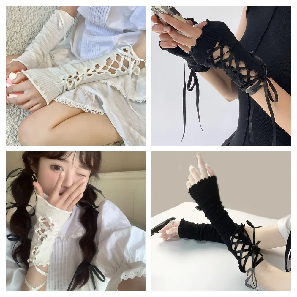 Sarung tangan manset putih berongga baru musim panas untuk wanita sarung tangan tabir surya lengan tangan Lolita Jk sarung tangan tanpa jari renda hitam Gotik Y2K