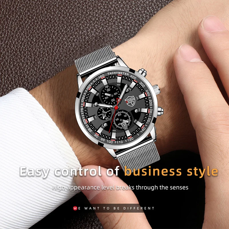 2023 Fashion Mens Sports Watches Men Luxury Business Stainless Steel Mesh Belt Quartz Luminous Clock Man Casual Leather Watch