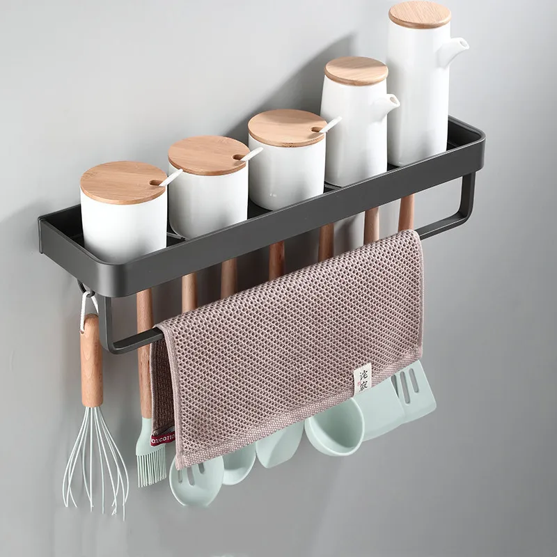 Keuken Plank Met Haken Kruiderij Rack Nail Geponst Badkamer Handdoek Bar Zeep Cosmetische Douche Shampoo Organizer Holder Wall Mount