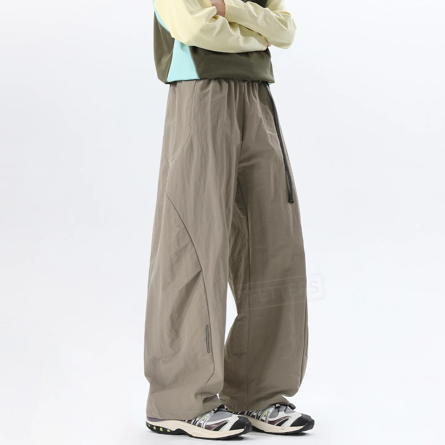 TFETTERS 2026 Spring Summer Techwear Men Pants Water Resistant Loose Fit Curved Leg Solid Color Nylon Sport Wide Trouser Man