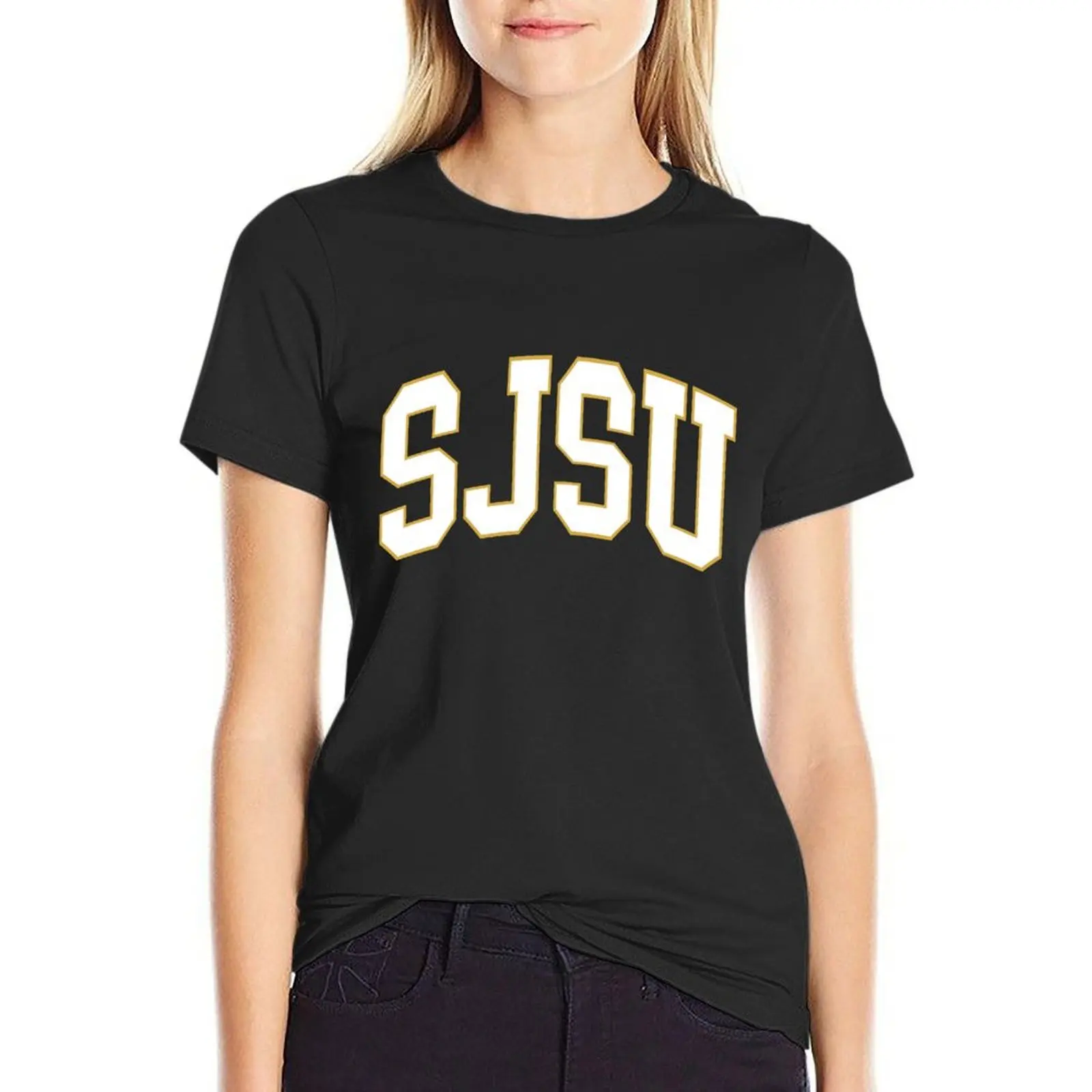 

sjsu - college font curved T-Shirt Blouse Female clothing Short sleeve tee aesthetic clothes funny t shirts for Women