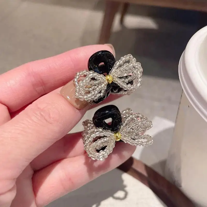 2pcs/set Elegant Beaded Bow Small Hair Claw For Women Girl Sweet Hair Ornament Mini Claw Clip Hair Clip Hair Accessories Hairpi