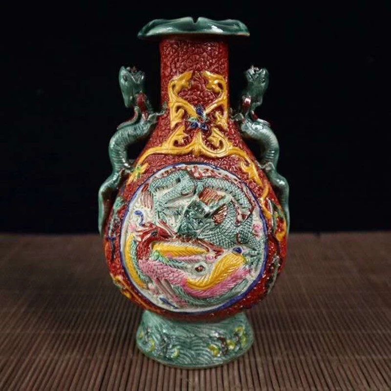 

Hand carved gourd, dragon and Phoenix vase / auspicious household decorations / ceramics