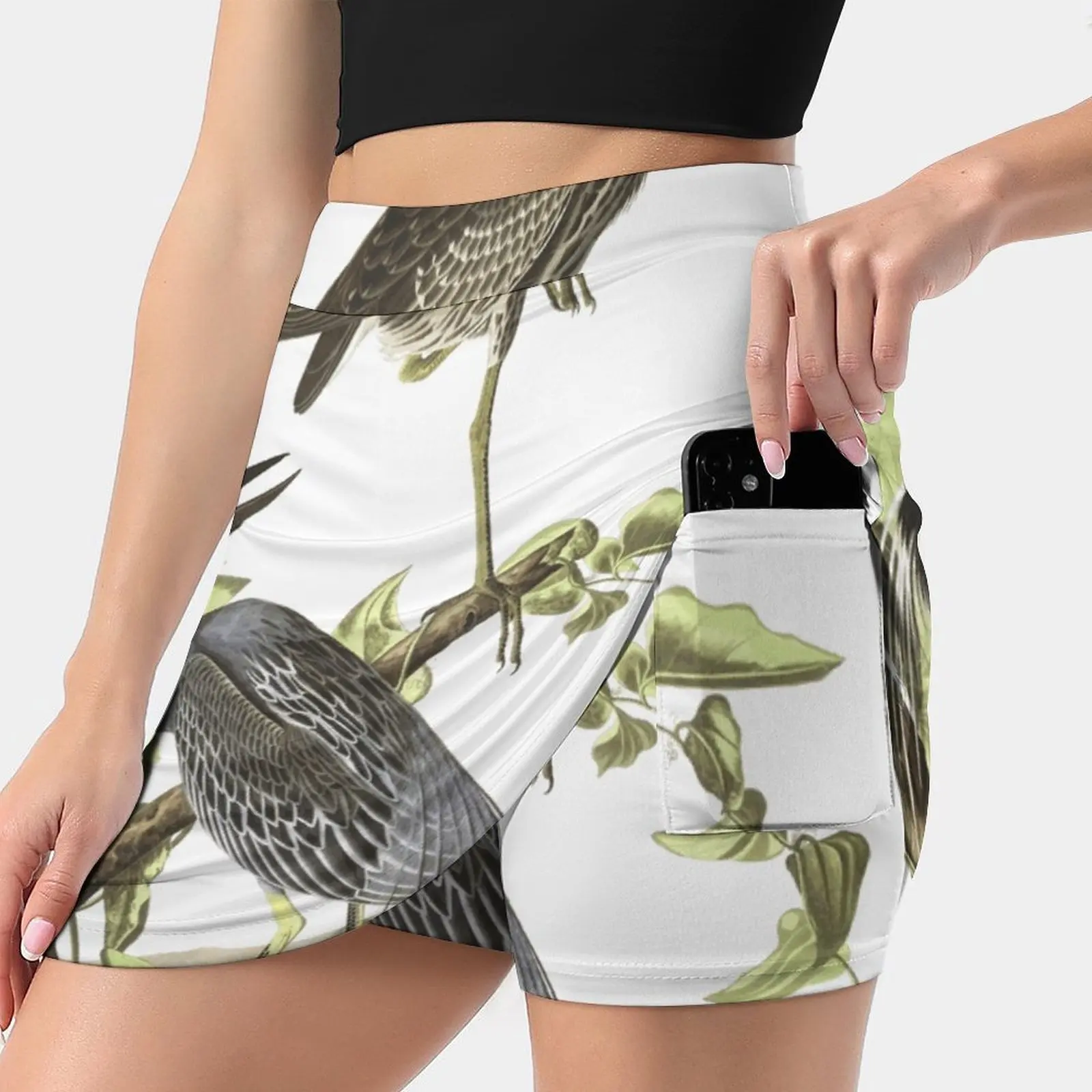 Yellow - Crowned Night - Heron - John James Audubon Women Mini Skirt Two Layers With Pocket Skirts Sport Fitness Running Skorts