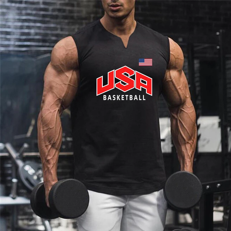 

Cotton Breathable Gym Fitness Sleeveless Singlet Summer Cool V-neck Running Sport Tank Tops Men Bodybuilding Muscle Breathable T