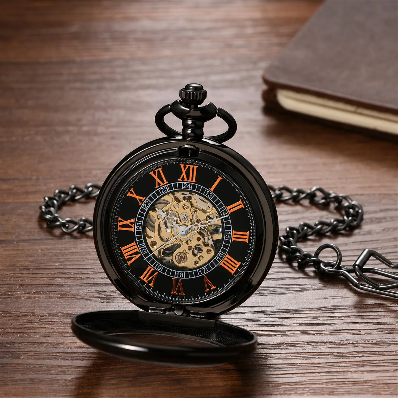 Mechanical Pocket Watch Hand Wind Skeleton Dial Roman Numerals Retro Vintage Antique Fob Chain Pendant Clock Men Women Gift
