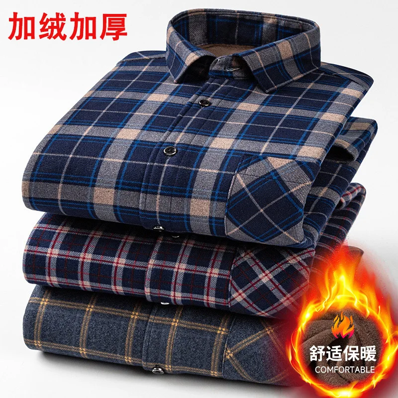 Autumn and winter double-sided velvet piled thickened men's shirt plaid warm long-sleeved shirt men's cold-proof new dad outfit