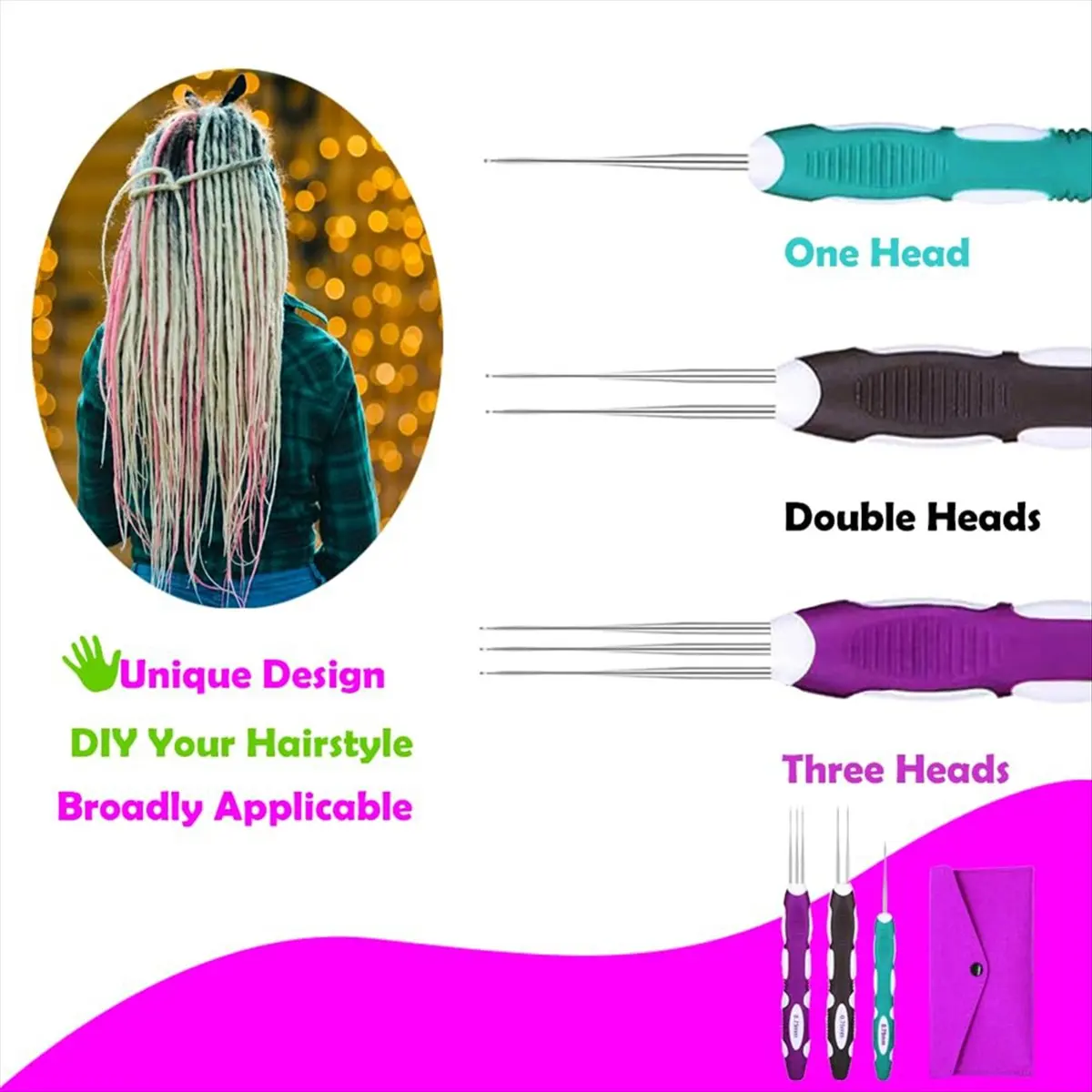 A45I Dreadlock Crochet Needle Tool,Hair Crochet Hooks with Ergonomic Handle, 3Pcs Hair Braid Craft 0.75mm