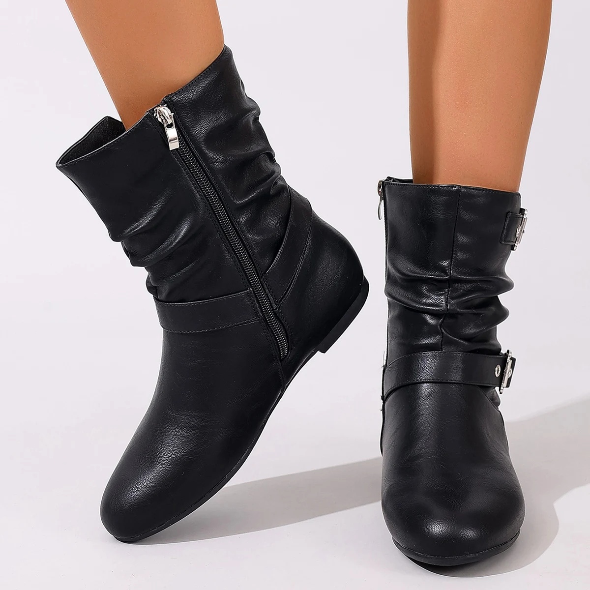 

Плиссированные удобные повседневные универсальные женские ботильоны с двойным ремешком и пряжкой на плоской подошве с боковой молнией и круглым носком