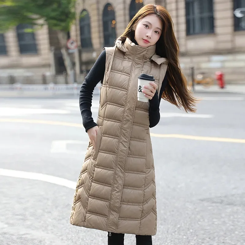 2024 Winter New Sleeveless Waistcoat Women Warm Puffer Jacket Ultra Light Mid Long Down Cotton Vests Female Outwear Casual Tops