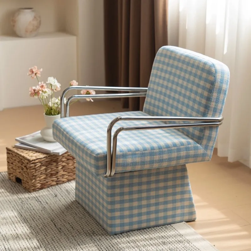 Rotatable sofa chair Living room balcony Leisure lazy sofa chair Modern simple blue plaid single computer chair