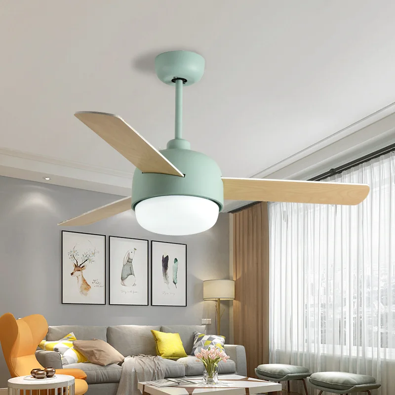 Nordic ceiling fan lamp dining room family living room modern simple wood fan lamp macaron LED fan Chandelier