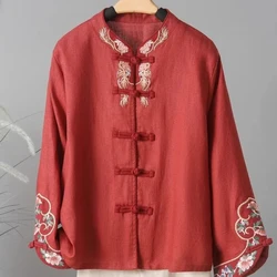 Chinese Retro Embroidered Cotton Linen Shirt for Women in Spring Ethnic Style with a Buckle Tang Style Standing Collar Shirt