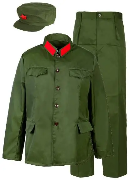 The Chinese Red Army Vintage Uniform Jacket and Pants Men 65 Veterans Suit Green