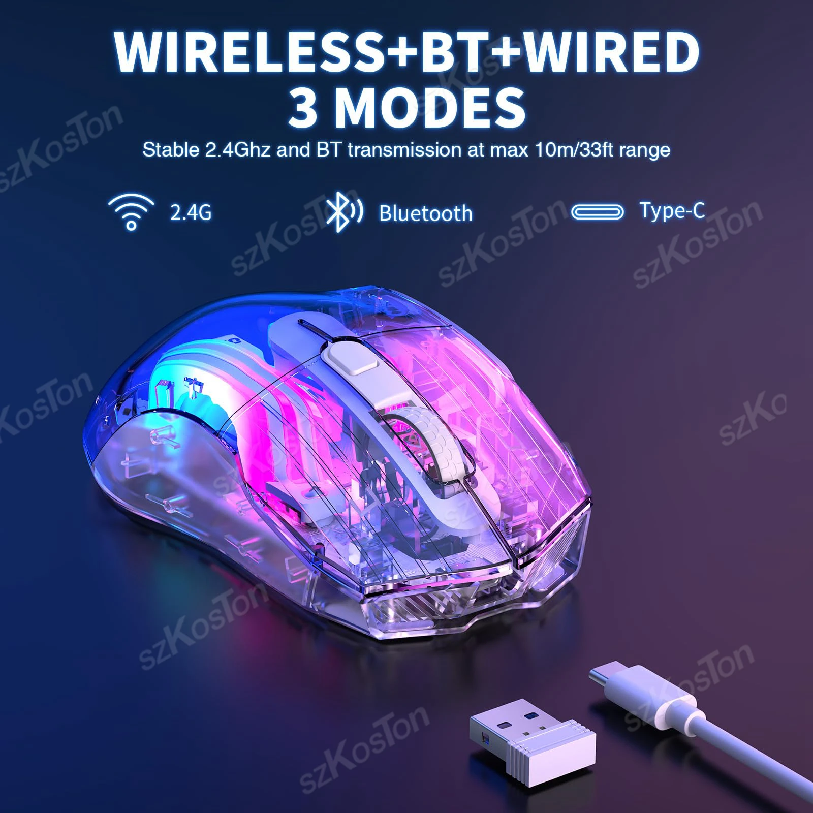 Bezprzewodowa mysz do gier Bluetooth 2.4G/USB-C 3 tryby ładowania światła RGB przezroczyste myszy ergonomiczna mysz do laptopa PC Mac