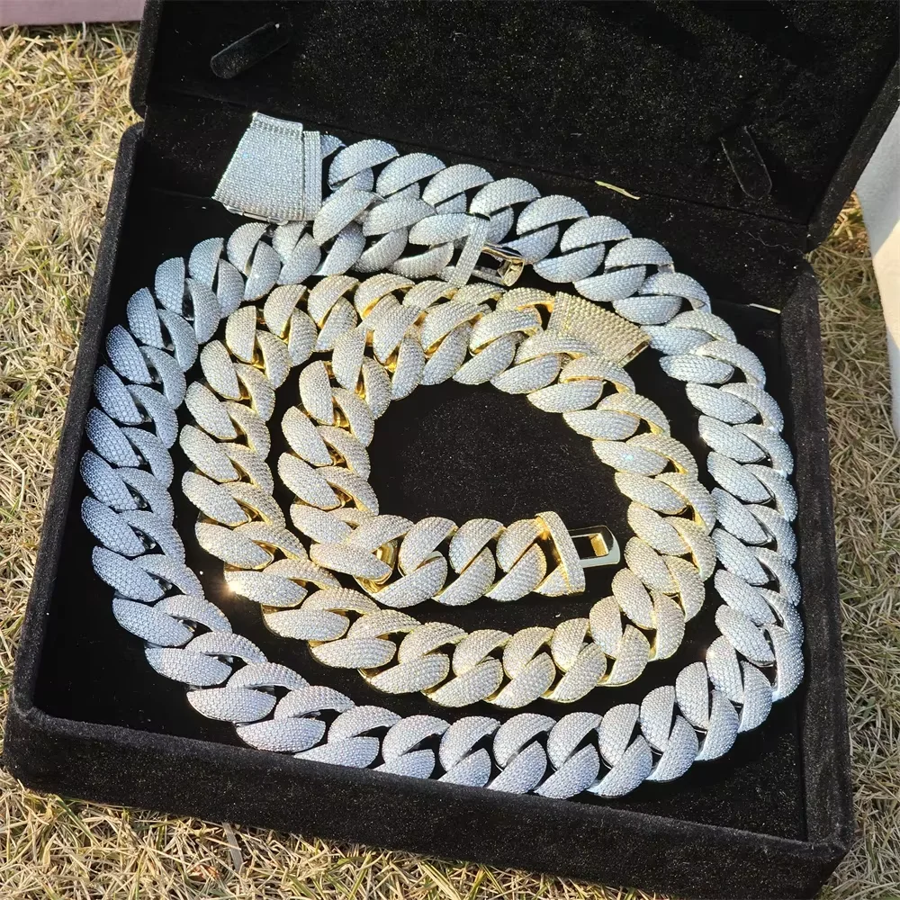 Cadena cubana de eslabones gruesos de 24 mm, plateada, con incrustaciones de circonita cúbica micro pavé en forma de luna de 6 filas, joyería hip hop para hombre