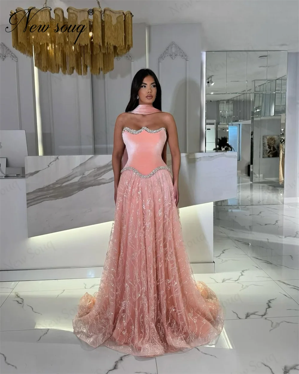 Robes De soirée sans bretelles personnalisées paillettes une ligne robe De bal perles robe De soirée De mariage robes De Noche robe De fiançailles