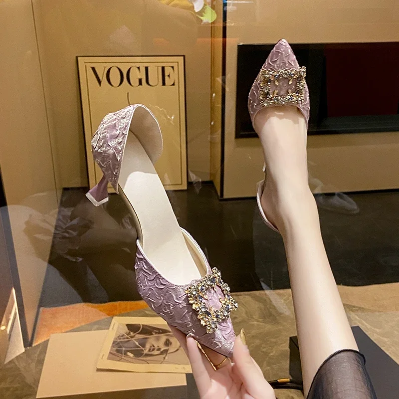 Women High Heel Pumps 6cm/9cm Pointed Toe Stiletto Low Heel Women\'s Shoes Office Lady Rhinestone Shoes Pink Heels Wedding