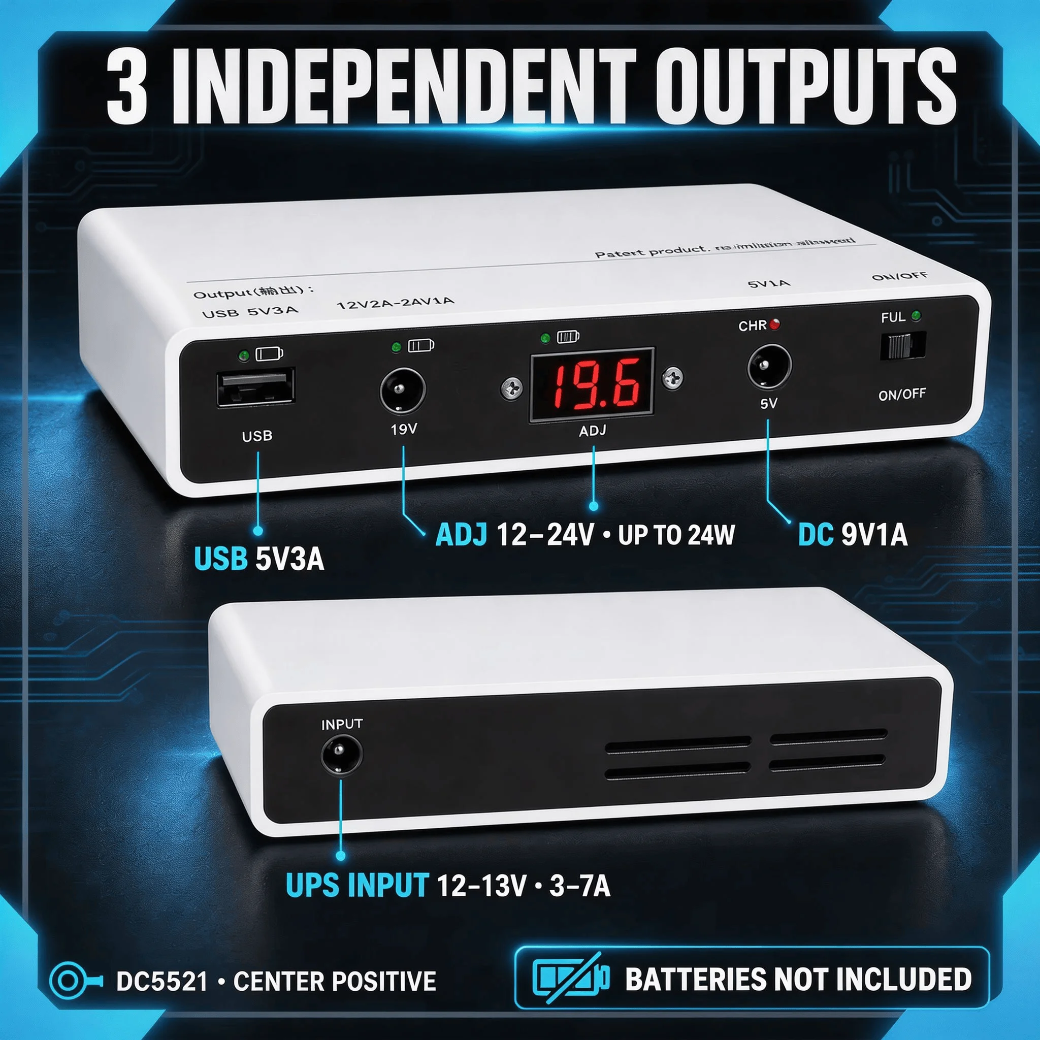 Solderless 12‑Cell 18650 UPS Housing Adjustable 5V 9V 12‑24V 24W Backup Power Supply For Router CCTV Modem Network Equipment