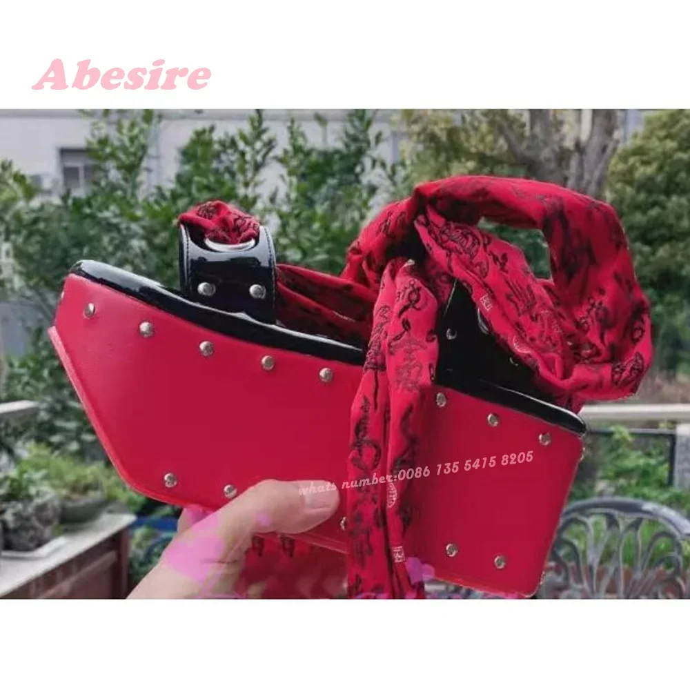 Red Lace Up Platform Sandals Thick Soled Open Toe Hole Threading Rope Rivet Women\'s Sandals Glossy Slingback Stud Lolita Shoes
