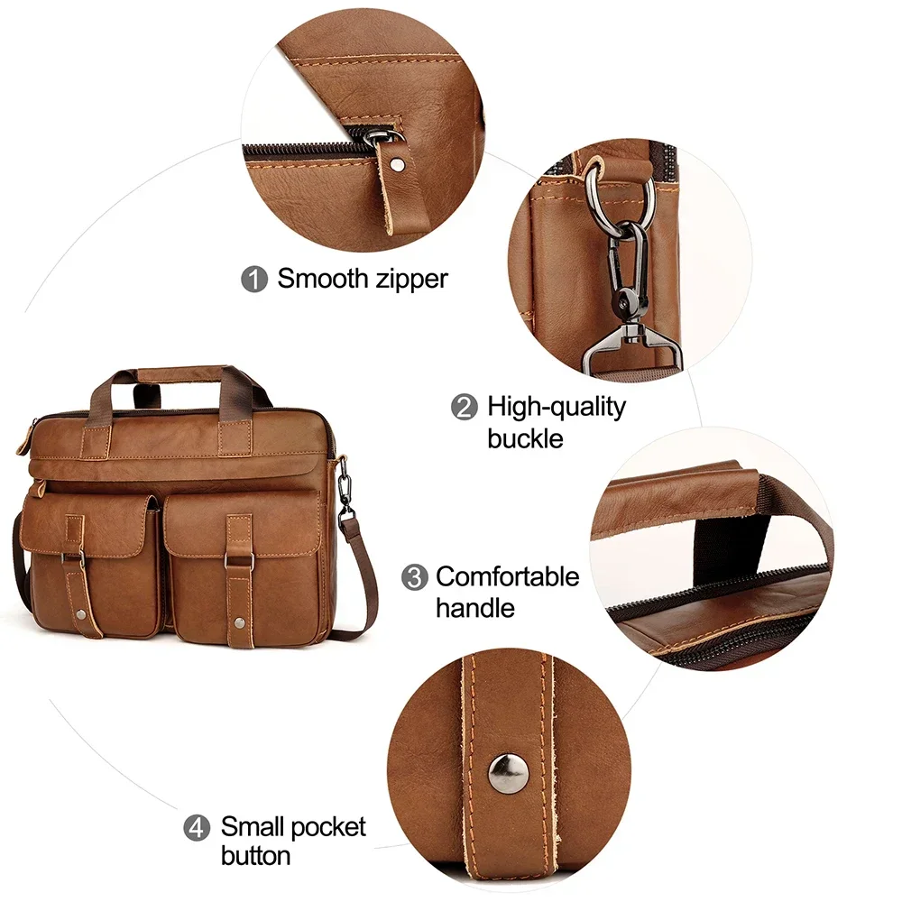 Genuine Leather Men's Briefcases 15.6" Laptop Bag Business Messenger Bag Work  Male Shoulder Bag Handbag Tote Portfolio