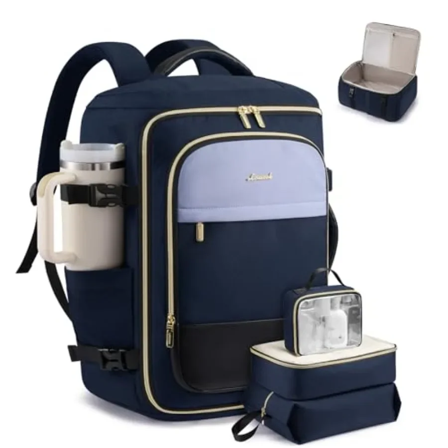 

Travel backpack for airplanes, water-resistant nylon, black, 40L carry-on approved with 3 packing cubes and 17 laptop compartme