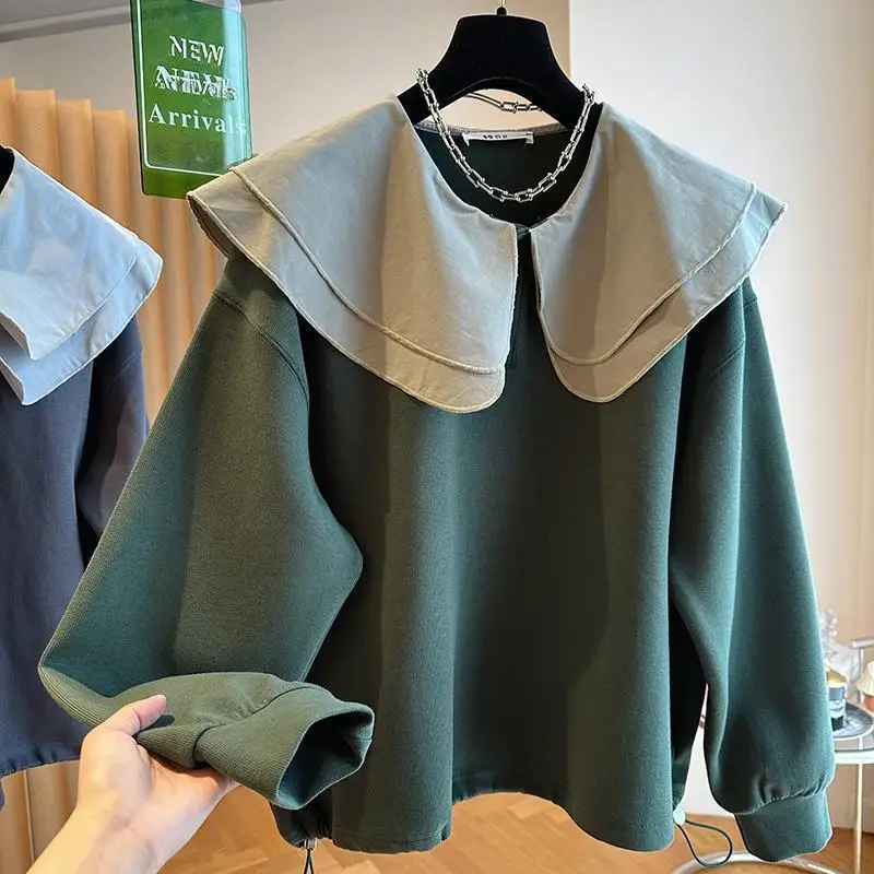 Women Trendy Double-Layer Peter Pan Collar Cute Sweet Sweatshirt Loose Streetwear Y2K Oversized Hoodie Long Sleeve Pullover Tops
