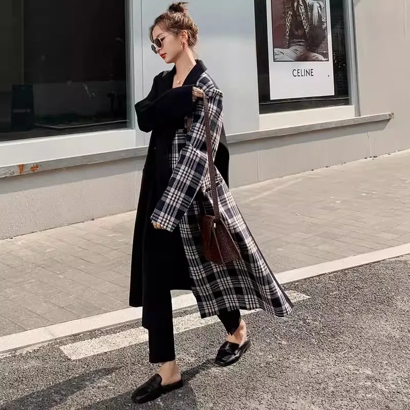 Long Over-the-knee Suit jacket Autumn Clothes Women's 2024 New Korean Plaid Stitching Trench Coat Design Feels Woolen Coats Tide