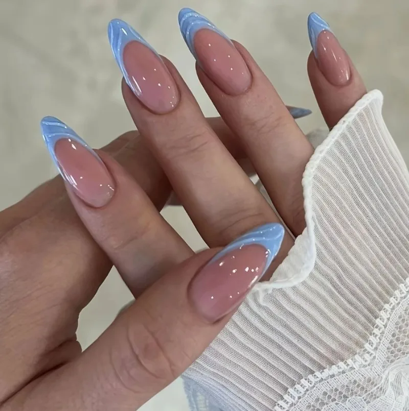 24Pcs Mid-length Almond Press on Fake Nails Shiny Powder French 3D Three-dimensional Blue French Fish Tail Detachable Nails Tips