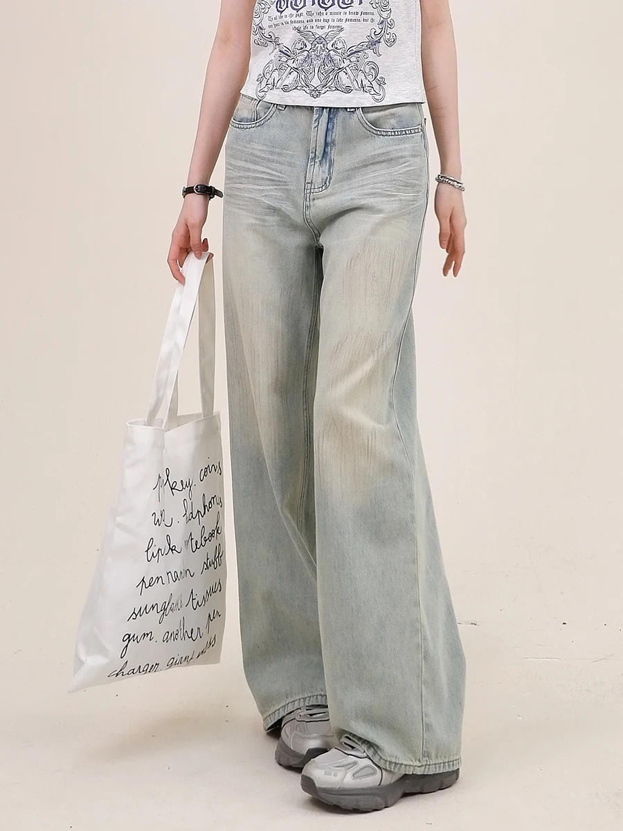 Washed Denim Jeans for Women in Spring 2024, New Loose Fitting BF American Style Retro Straight Leg Wide Leg Design