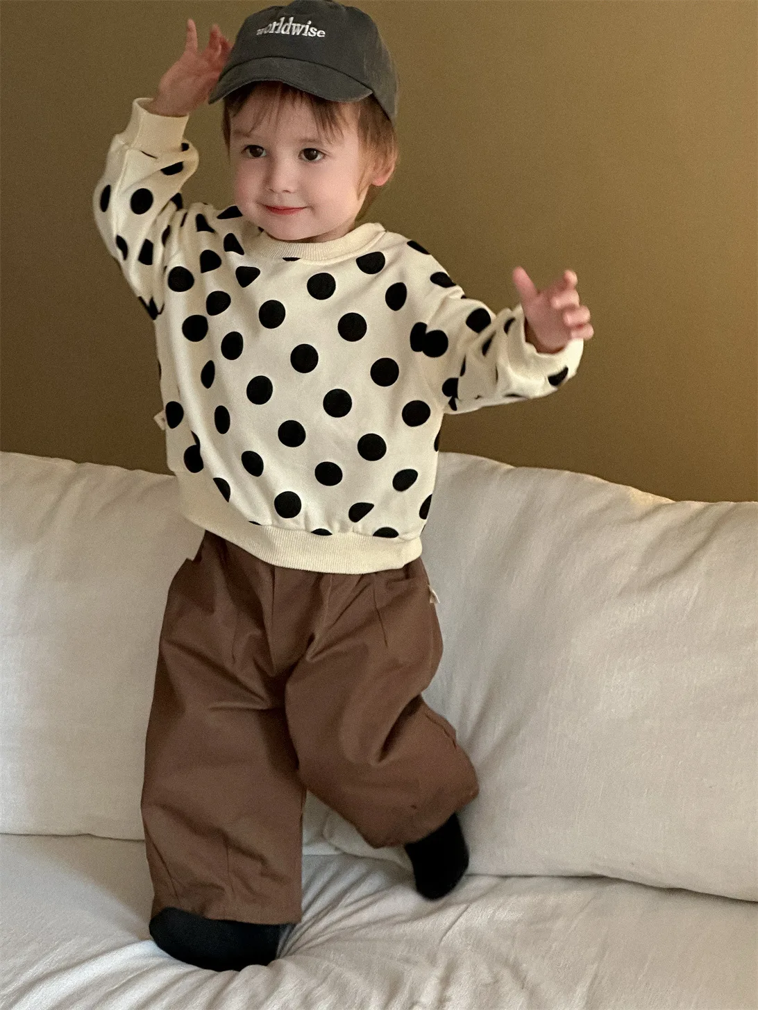 2025 Spring New Baby Long Sleeve Polka Dot Sweatshirt Cotton Infant Girl Versatile Pullover Toddler Boys Casual Loose Tops