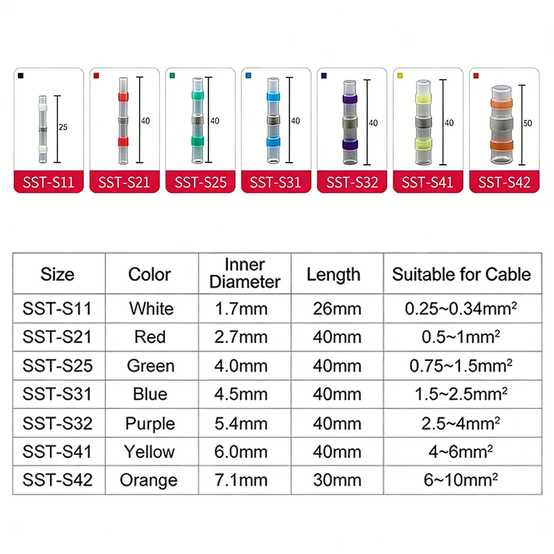 10 - 500pcs Solder Seal Wire Connectors 3:1 Heat Shrink Butt Crimp Terminals Waterproof Electrical Cable Splice Connector