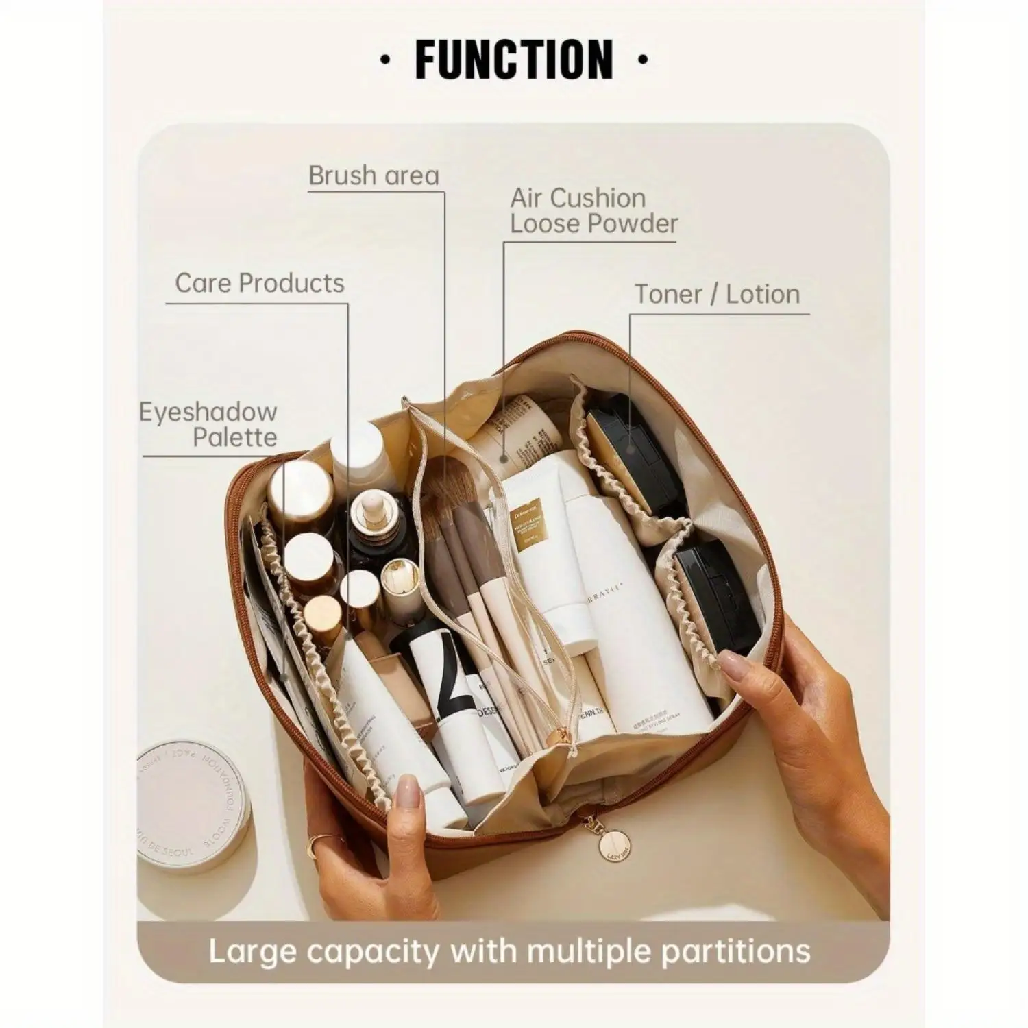 Travel Makeup Bag, Portable Pouch Open Flat Toiletry Bag Make up Organizer with Divider and Handle