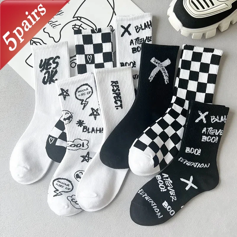 Random 5 Pairs Women's Socks 1 Set Short Socks Pack Harajuku Girls Gift Plaid White Black Skateboard Hip Hop Street Preppy Style