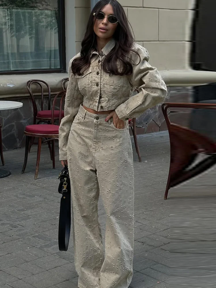 

Casual Denim Shirt Pants Two-piece Set Women Loose Lapel Long Sleeved Jackets Suit With Jeans Female Spring High Street Outfits