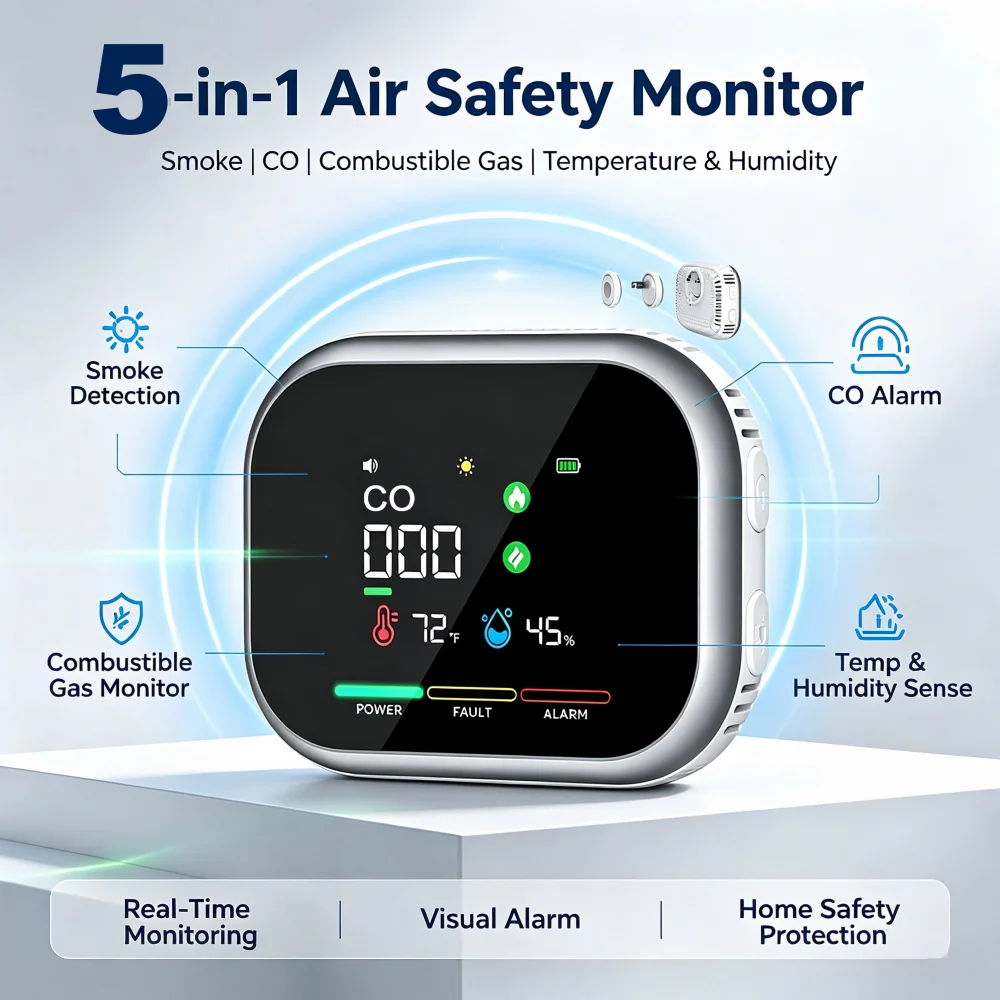Multi Gas Detector Smoke CO Detector Natural Gas Alarm AC Plug in HD Display 1000mAh Backup Battery for Home Kitchen RV Travel