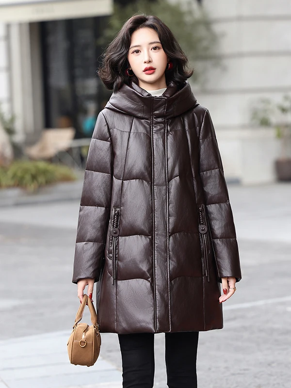 本革ダウンジャケット レディース ミディアム丈 2025年冬新作 人気新モデル 海寧レザーコート アウター