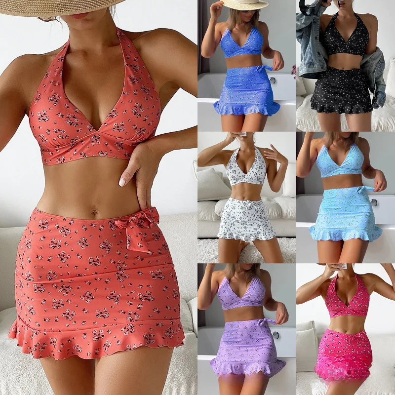 

European and American Swimsuit Women's Split Three-piece Set Broken Flowers Lace-up Skirt Outfit Swimwear Women Bikini Set