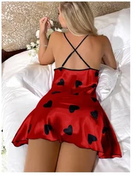 Heart Print Slip Nightdress Casual Crew Neck Criss Cross Back Sleepwear Women's Dresses