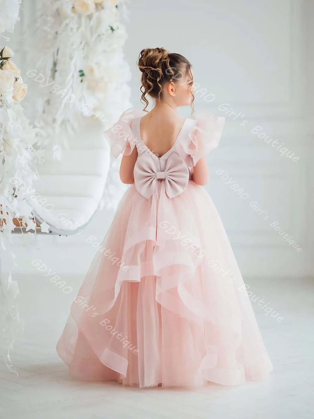 어린 소녀 핑크 미인 대회 드레스 오픈 백 프릴 Tulle 공주 꽃 소녀 드레스 a 라인 맞춤형 어린이 생일 파티 가운