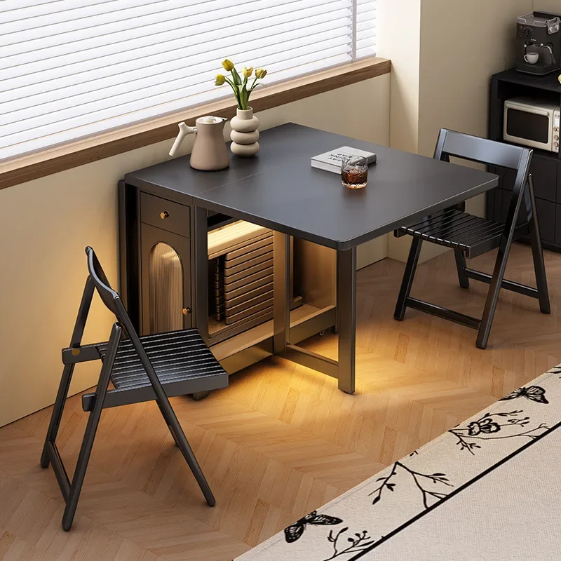 Black retro all solid wood folding dini ng table for hom e use modern li ht luxury rectangular retracta ble invisible